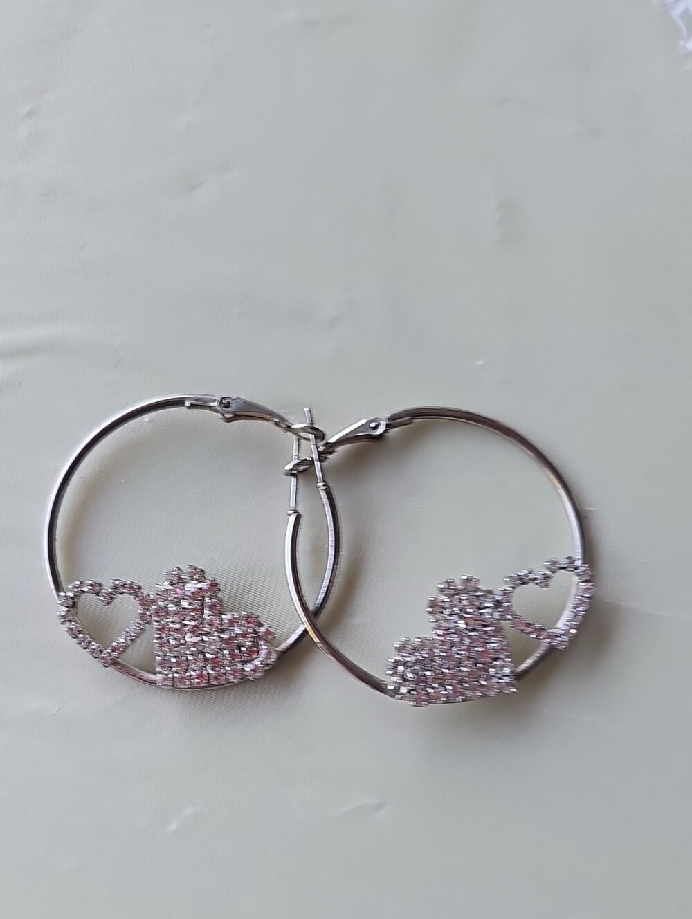 Silver Hoop Earrings with Pink Crystal Heart Accents